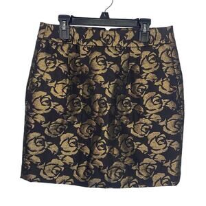 Loft Petites Skirt Pencil Pockets Black Gold Rose Floral Shimmer Dressy Size 2P